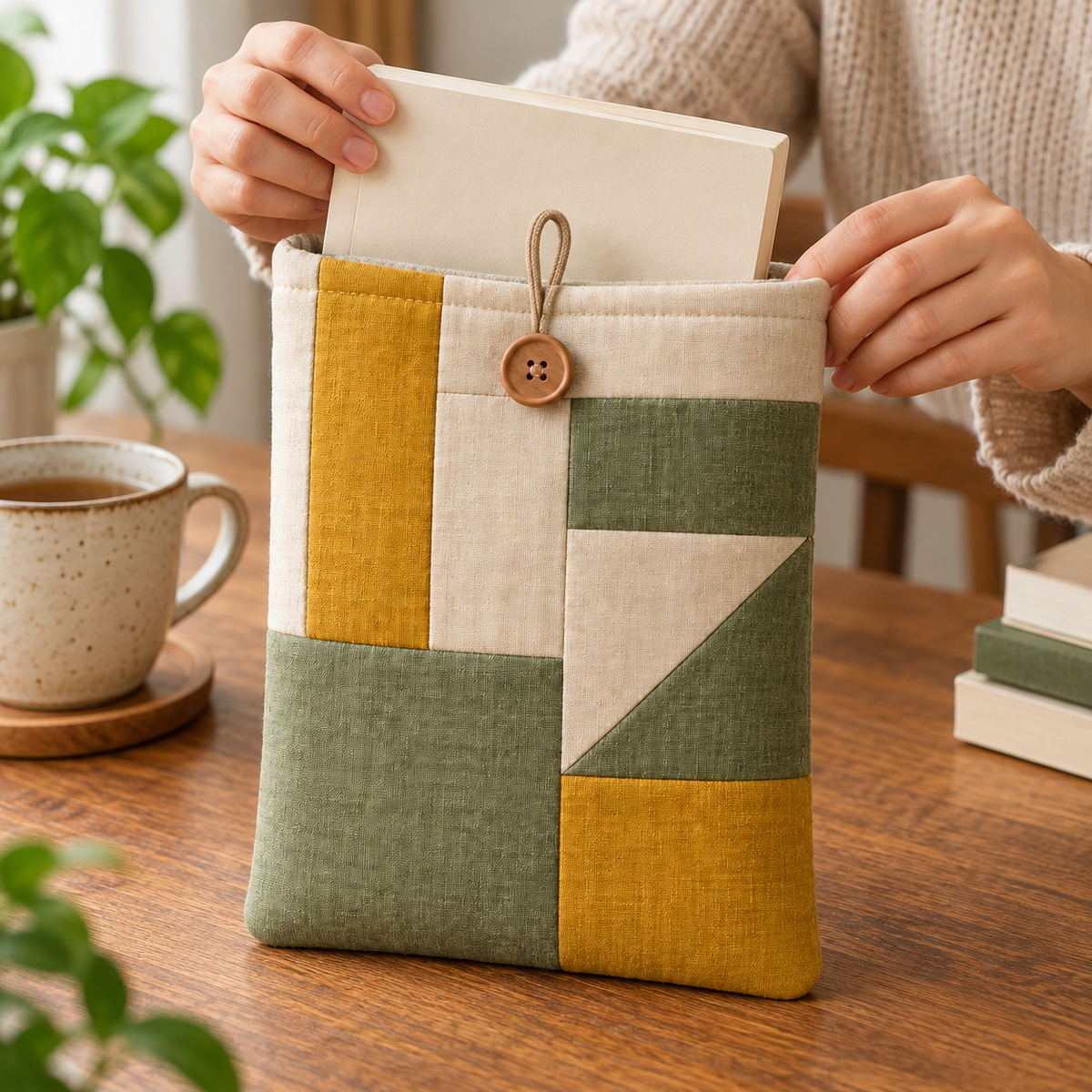 Patchwork Book Sleeve with Button-and-Loop Closure