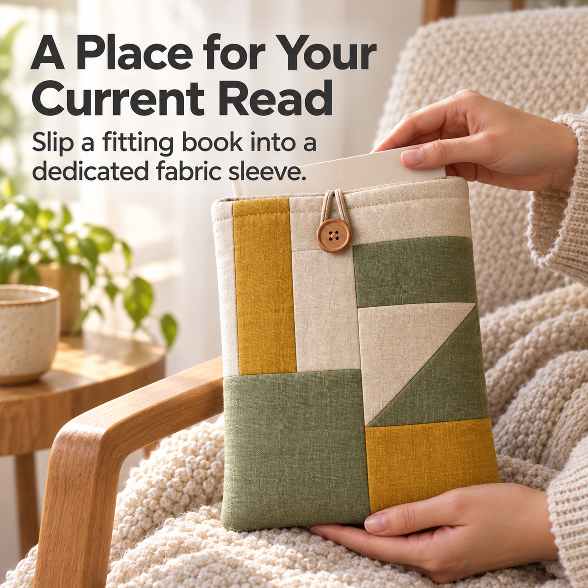 Patchwork Book Sleeve with Button-and-Loop Closure