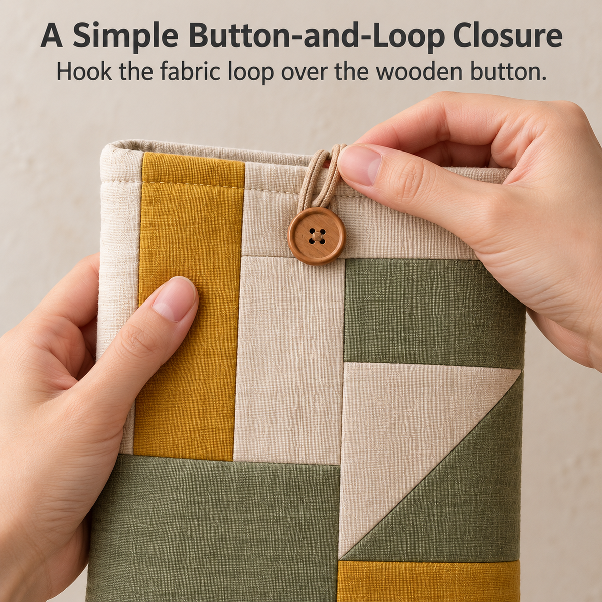 Patchwork Book Sleeve with Button-and-Loop Closure