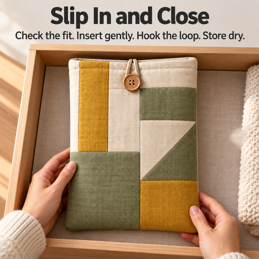Patchwork Book Sleeve with Button-and-Loop Closure